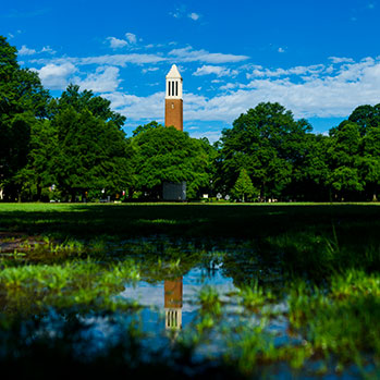 A tower overlooking a lake on campus. Link to What to Give